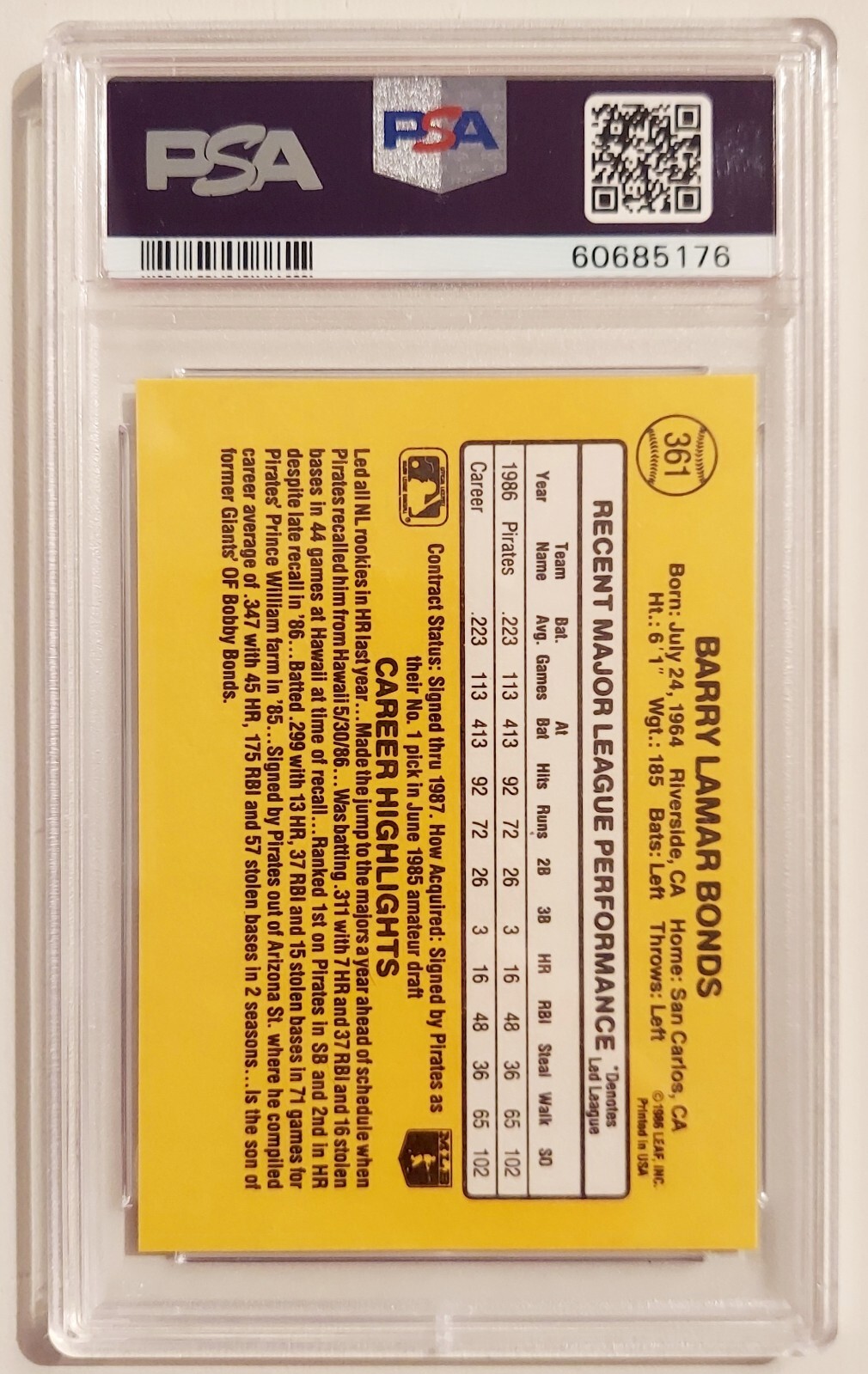 1987 DONRUSS #361 BARRY BONDS PITTSBURGH PIRATES ROOKIE CARD PSA 9 MINT view 2