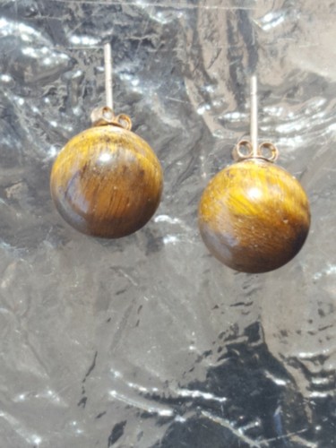 Pendientes de bola redonda para ojos de tigre oro amarillo liso de 10 kt - Imagen 12 de 12
