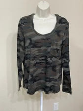 Social Standard by Sanctuary Women's Camo Green Scoop Neck Long Sleeve T-Shirt L