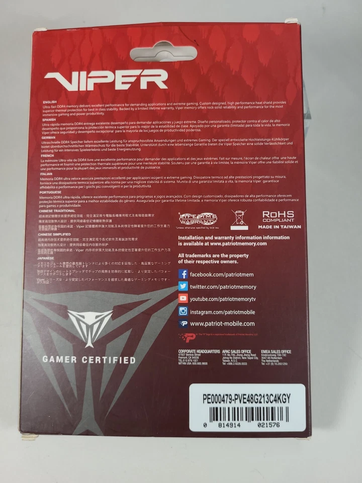 Patriot Viper 8GB (2x4GB) DDR4 PC4-17000 2133MHZ XMP2.0 NEW SEALED IN BOX - Image 4 of 4