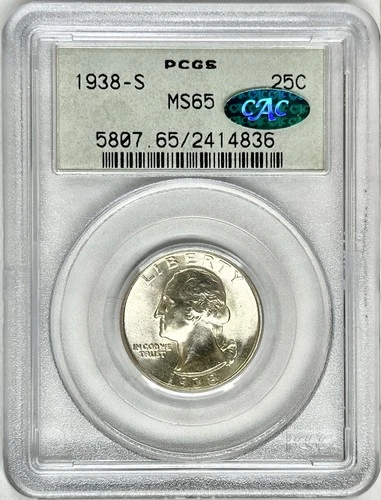 1938 S WASHINGTON QUARTER PCGS & CAC MS65