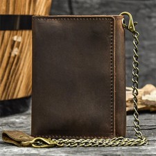 Men Genuine Leather Short Wallet with Chain Zipper Clutch Wallets Male Short Tri
