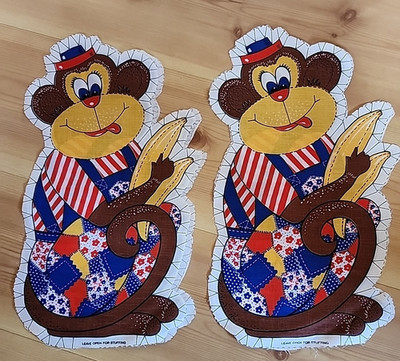 2 Vintage Monkeys Patchwork Holding Bananas  Cut And Sew Fabric Panels.