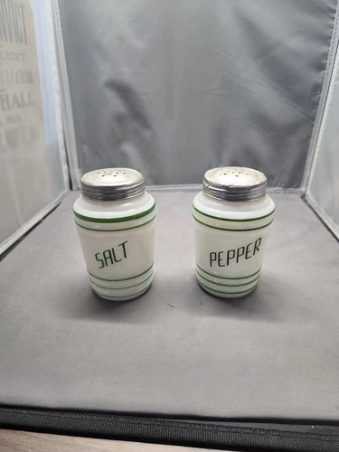 Vintage Range White Milk Glass Salt & Pepper Shaker Set ~ Green Print