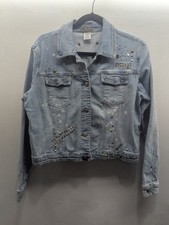 VTG LA GEAR Denim Deluxe Jean JACKET Large 90s Acid Wash Cropped Rhinestone