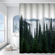 Mountain Forest Shower Curtain Misty Pine Trees Nature Landscape Bathroom Decor