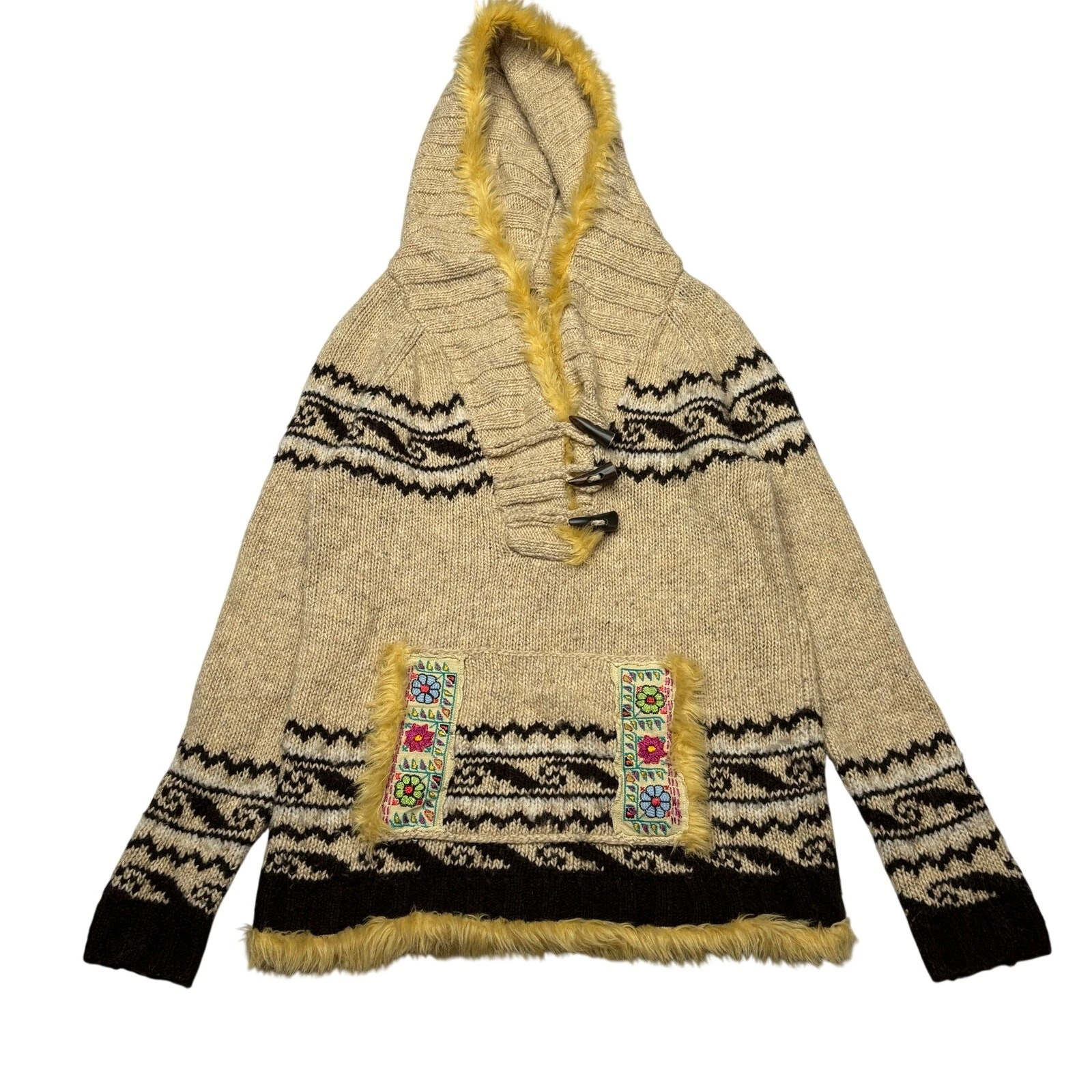 Free People Eskimo Wool Blend Sweater Poncho Medium Faux Fur Hood Boho