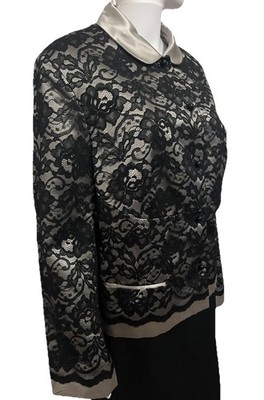 Anne Klein Plus Size 20W Black 100% Silk Lace Jacket Blazer Gray Trim Bust 50 