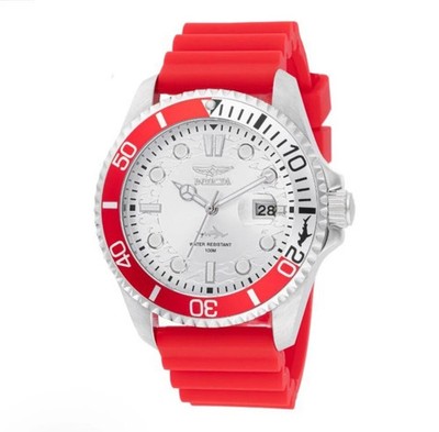Invicta SHARK  Pro Diver Silver Dial Red Silicone Strap Men's Watch- 47167