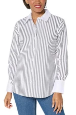 Joan Rivers Women's Long Sleeve Stripe Button Front Shirt Blk