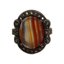 Vintage Size 4.75 Sterling Silver Banded Agate Marcasite Ring Art Deco
