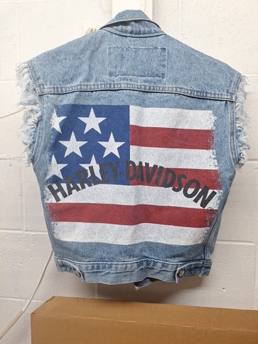 Harley Davidson Cropped American Flag Patriot Denim Jacket Vest Womens 10 XL - Picture 9 of 12