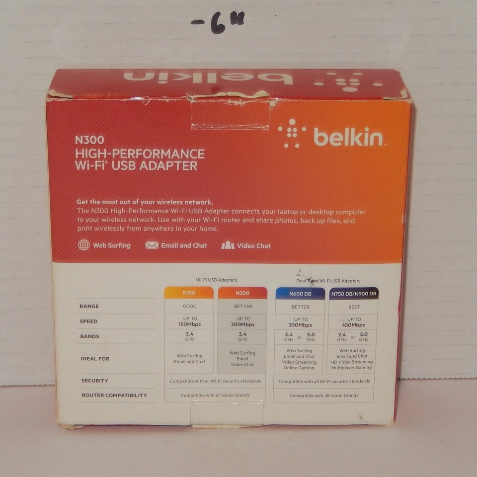 Belkin N300 Wireless 802.11b/g/n Wi-Fi USB Adapter F9L1002 High Performance - Image 3 of 4