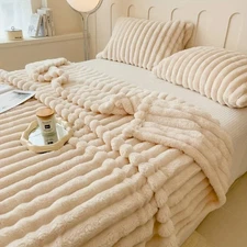 Soft Warm Fuzzy Blanket – Cozy Striped Throw for Bed or Sofa Winter Use