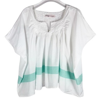 Ottod ame Women's Top Size 8 White Cotton Oversized Smocked Teal Stripe