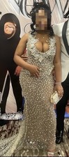 Beaded Sequin V-Neck Sleeveless Long Maxi Dress with Side Slit Beige Silver