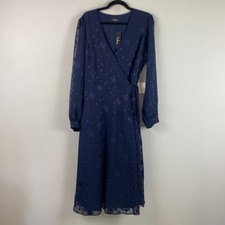 Lulus Evening of Elegance Navy Blue Floral Jacquard Wrap Midi Dress Size XL
