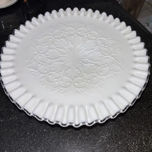 Vintage Fenton  Spanish Lace white Milk Glass Pedestal Cake Stand
