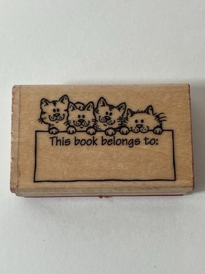 Vintage Bookplate ''This Book Belongs To'' Wood Mount Rubber Stamp - Cats Kittens