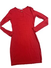 Red Stretch Bodycon Dress Tunic Uk 8-10 S-m Long Sleeve Women Cut Out Neckline