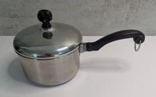 Vintage Farberware 1 Quart Tall Stainless Steel Aluminum Bottom Saucepan & Lid