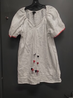 Women's JCrew Tunic Top White Orange Embroidered Sleeves And Pom Pom Drawstring