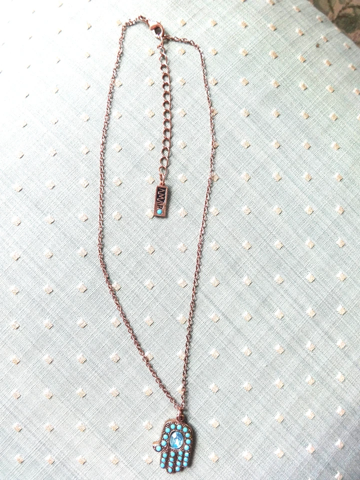 AMARO HAMSA 手工水晶项链 FAUX TURQUOISE BRASS TONE 蓝色保护幸运 — 第 4/4 张图片