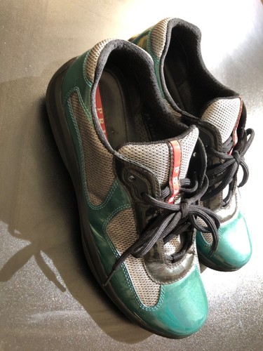 PRADA Cup Black/Gray/Teal Patent Leather Sneaker Size 9.5 US - Picture 2 of 8