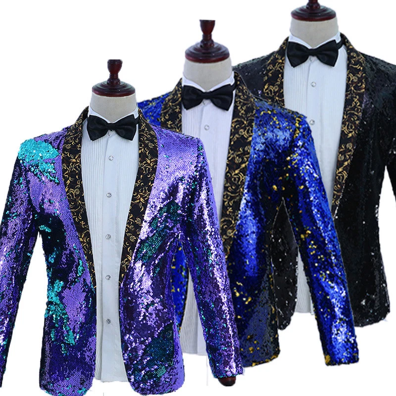 Men Reversible Two Tone Glitter Sequin Suit Jacket Blazer Stage Costume Top Slim