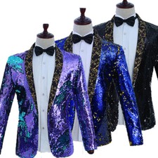 Men Reversible Two Tone Glitter Sequins Suit Jacket Blazer Dance Stage Coat Tops