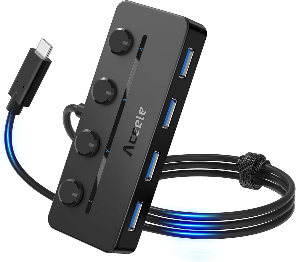 Aceele 4-Port USB 3.0 Hub with USB-C Power Port for Fast Charging & Data Transfer