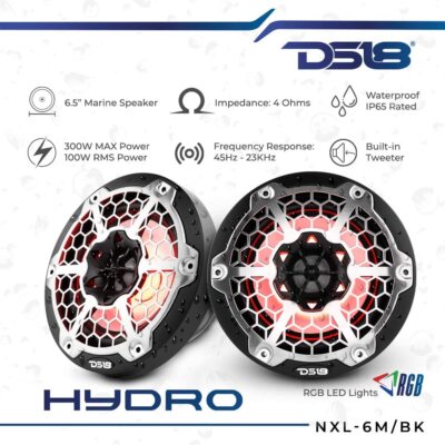 Pair DS18 NXL-6M/BK HYDRO Black 6.5'' 600W 4 Ohm 2-Way Marine Speakers RGB LED
