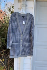 NWT Talbots Gorgeous Gray Black WhiteWoven Plaid Merino Wool Cardigan Pockets 2X