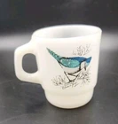 Vtg White Milk Glass Anchor Hocking Fire King Blue Jay Bird Chickadee Coffee Mug