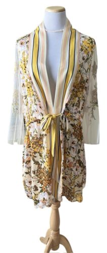 Aratta Silent Journey Anthropologie Yellow Kimono Duster Floral Stripe Mesh OS - Afbeelding 1 van 15