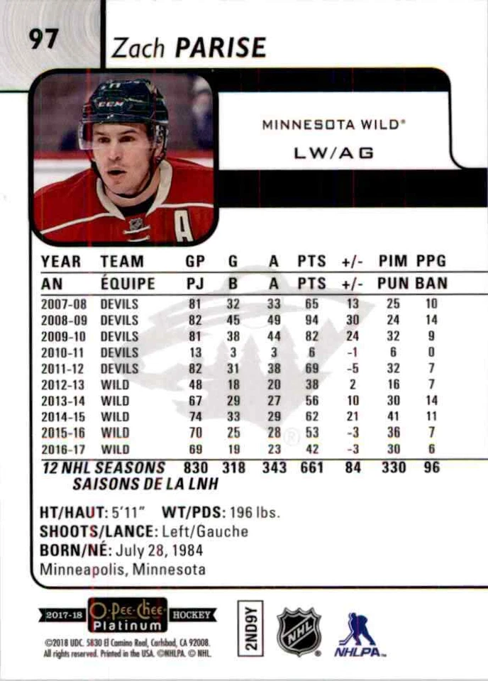 2017-18 O-Pee-Chee Platinum Zach Parise #97 - Image 2 of 2