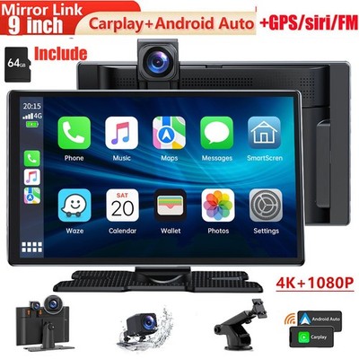 9'Wireless Apple CarPlay & Android Auto Tragbare Autoradio 4K+1080P Dashcam 64G