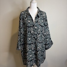 Catherines Blouse Sz 3X (26/28) Teal Black Button Up Professional Cottagecore