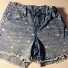 Cat Jack Girls' Heart Print Denim Shorts Adjustable Waist Frayed Hem M 8