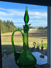 Vintage 1950s Blenko Art Glass Emerald Green Decanter Flame Stopper Winslow 919C
