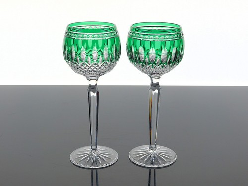 WATERFORD CLARENDON GREEN CUT-TO-CLEAR CASED CRYSTAL HOCK WINE GLASSES –SET OF 2