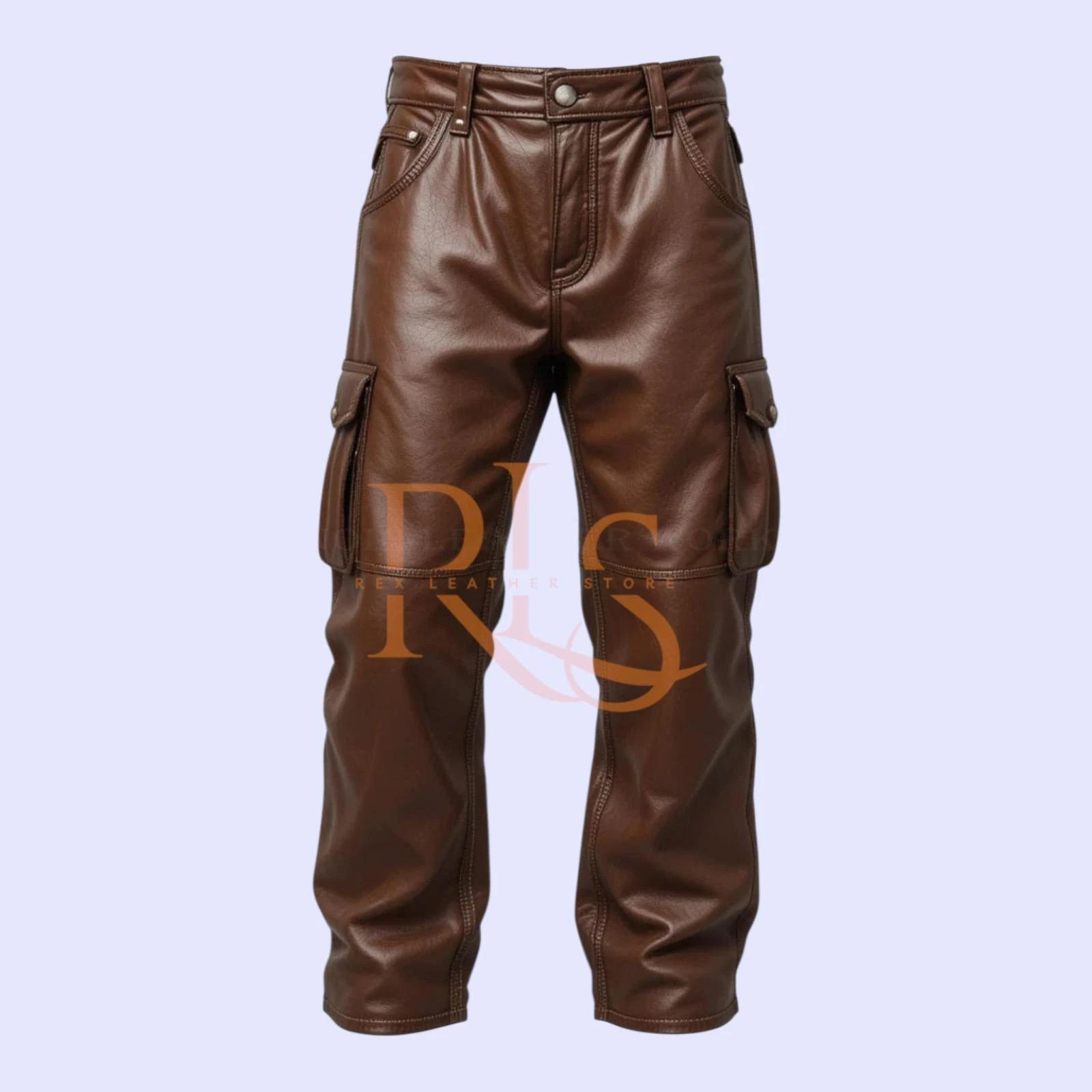 Men's Brown Six Pockets Style Baggy Leather Pant Genuine Lambskin Leather Pant