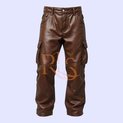 Men's Brown Six Pockets Style Baggy Leather Pant Genuine Lambskin Leather Pant
