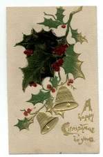 CHRISTMAS gold bells flocked holly leaves applique c1910 embossed postcard