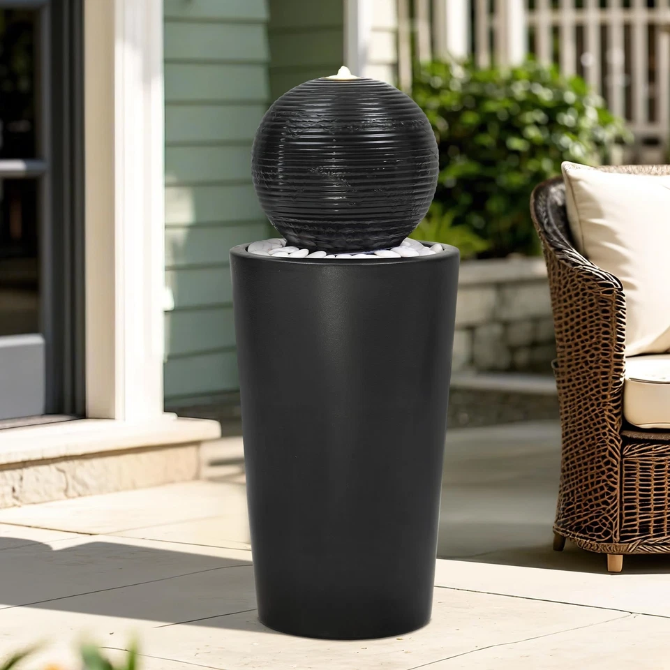 30" Ceramic Sphere Outdoor Fountain, Modern Pedestal Water Feature with LED L... - Image 2 of 4