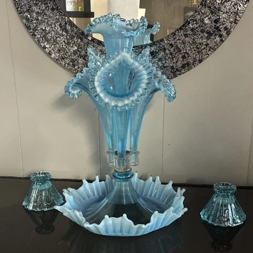Unique Mothers Day gift! Fenton L.G. Wright Blue Opalescent Four-Horn Epergne.