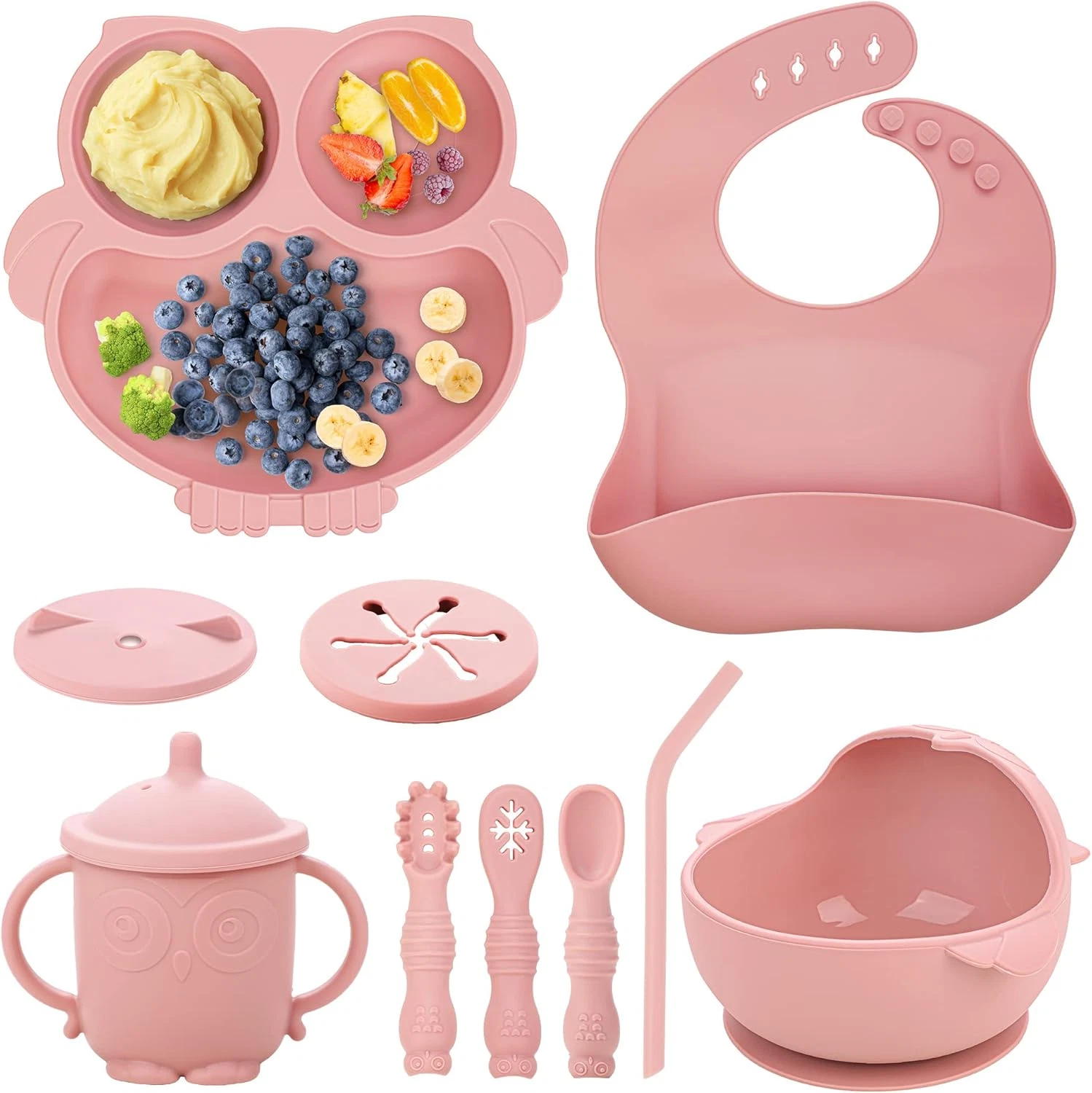 Baby Weaning Set - Silicone Toddler Feeding Set (10 Pcs) with Adjustable Bib, Su