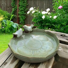 Bakayoyo Green Ceramic Bird Bath Bowl for Outside Ground - 9.45" Diameter Feeder