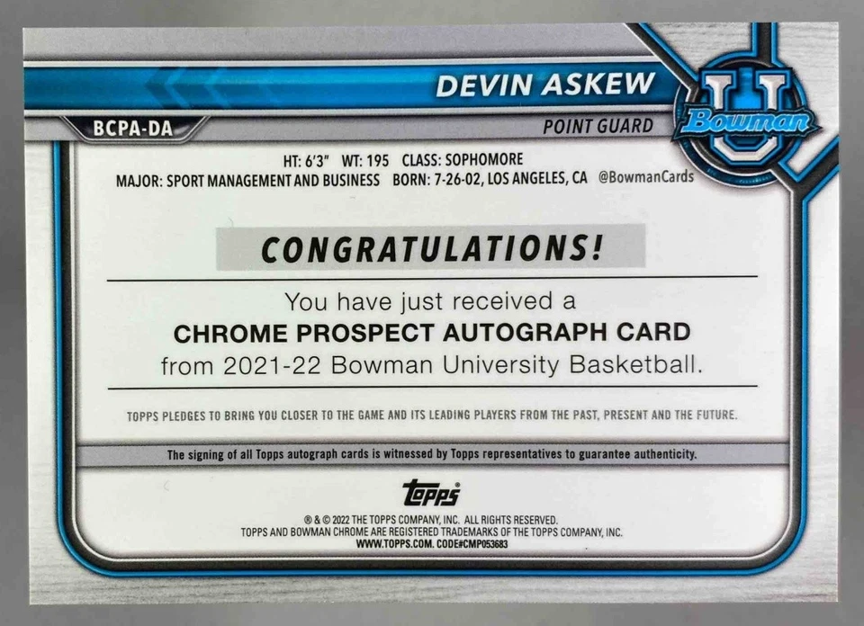 Devin Askew 2021-22 Bowman Chrome University Prospect Autographs #BCPA-DA Texas - Image 2 of 4