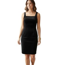 ANN TAYLOR Black Velvet Square Neck Midi Dress 6 90s Minimalist Sheath LBD 2195